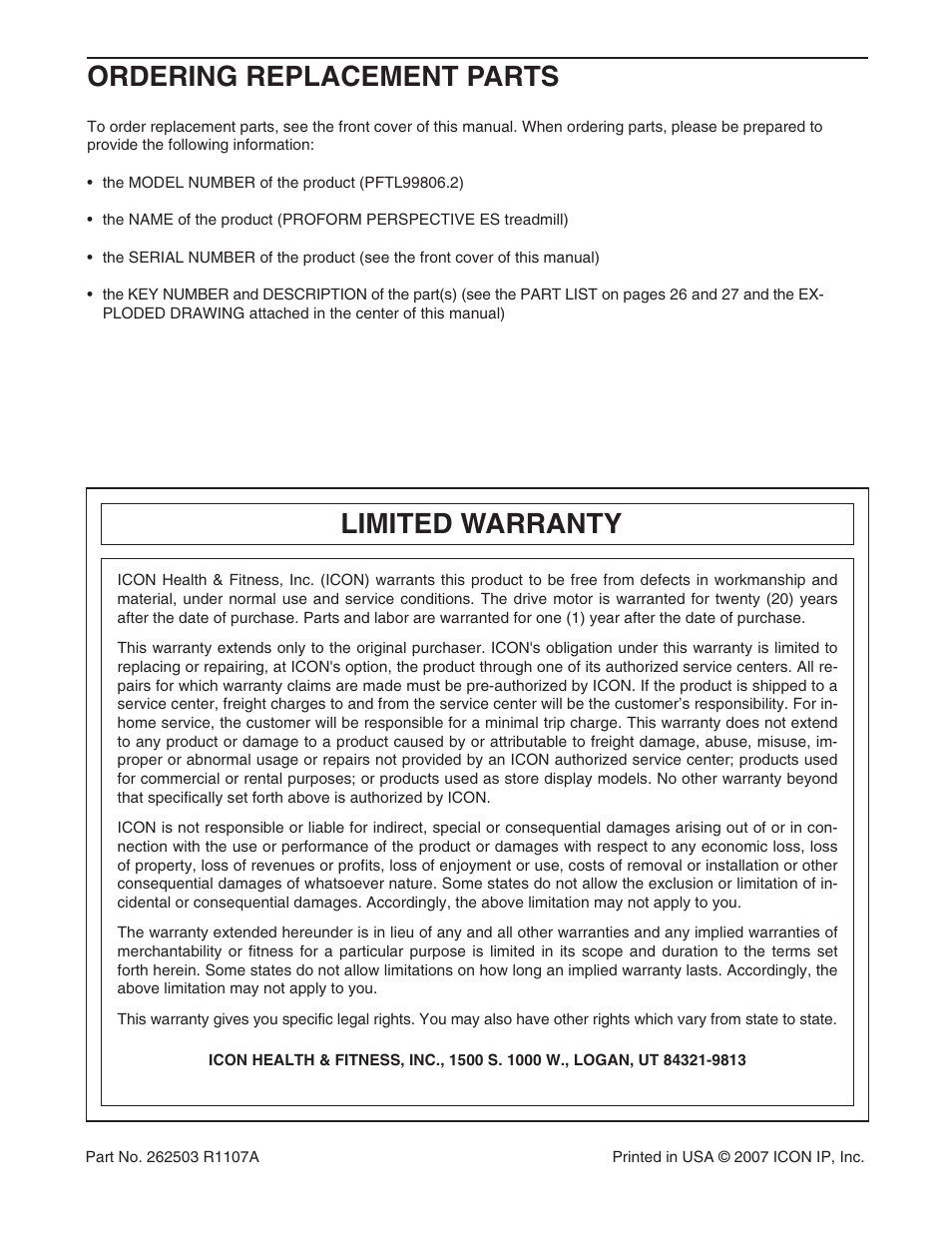 Limited warranty, Ordering replacement parts | ProForm PFTL99806.2 User Manual | Page 30 / 30