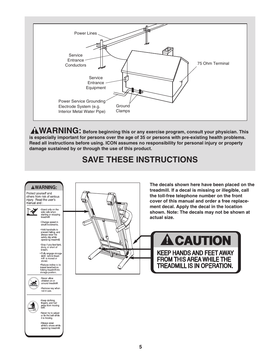 Warning, Save these instructions | ProForm PFTL99806.2 User Manual | Page 5 / 30