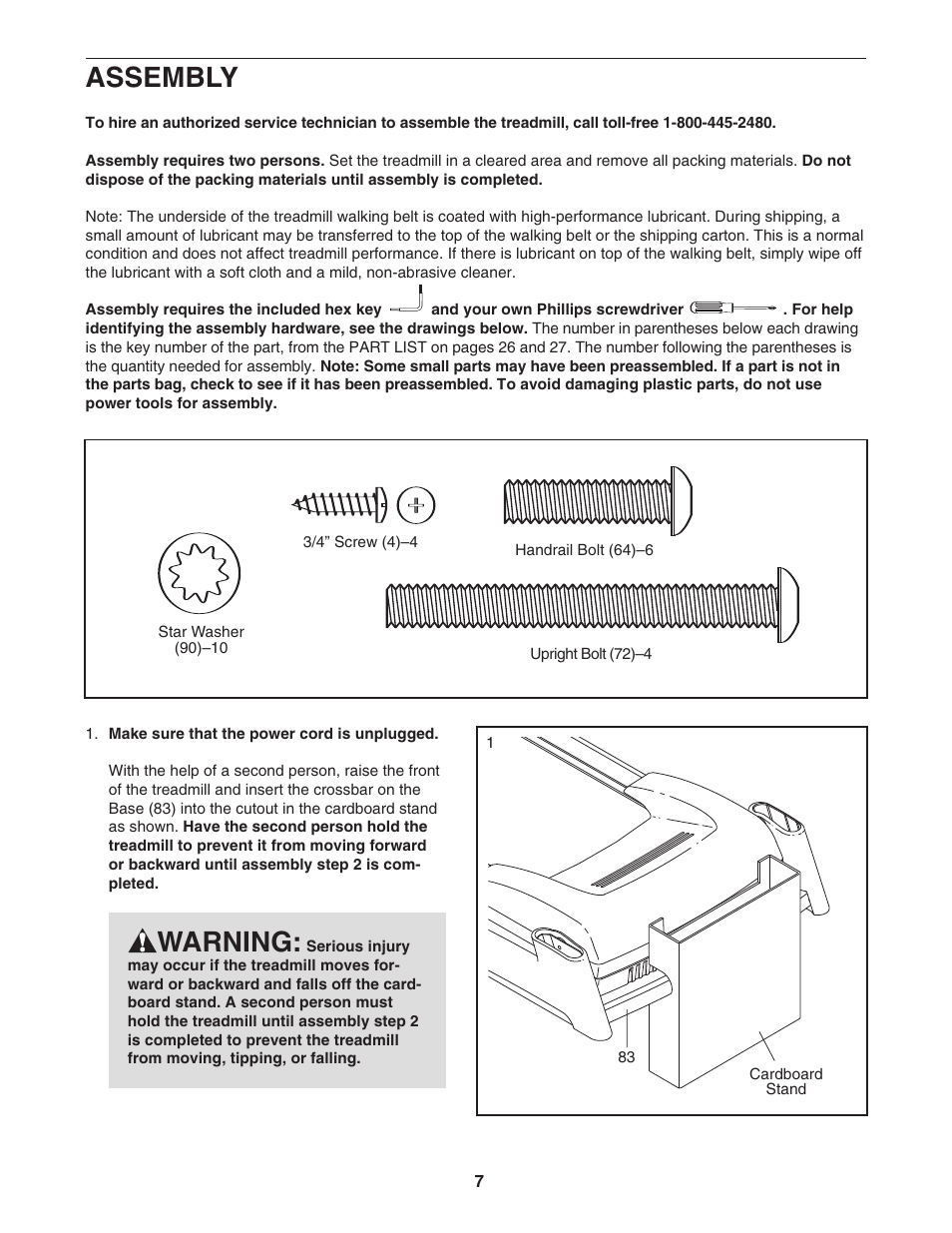 Assembly, Warning | ProForm PFTL99806.2 User Manual | Page 7 / 30