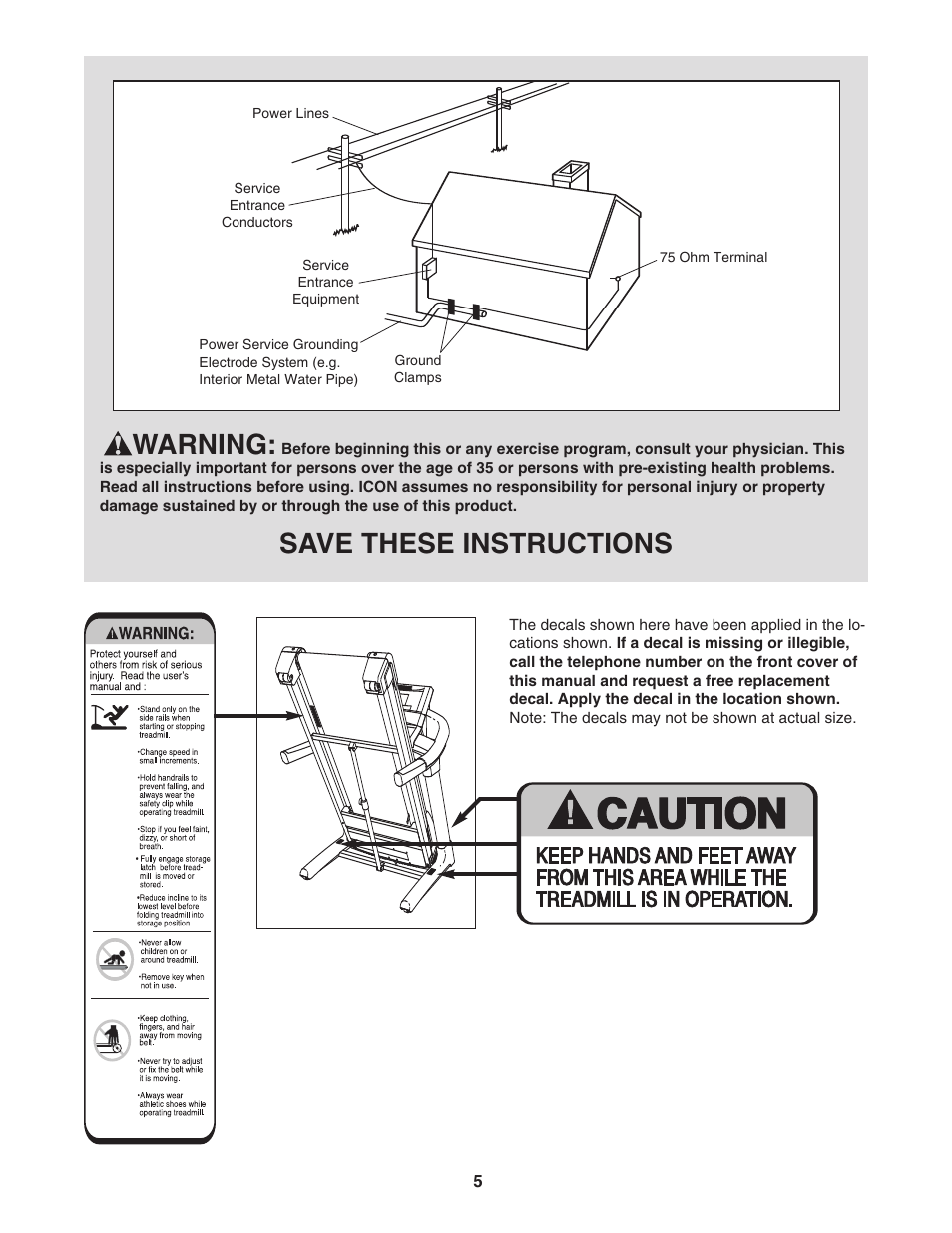 Warning, Save these instructions | ProForm PFTL99806.3 User Manual | Page 5 / 30