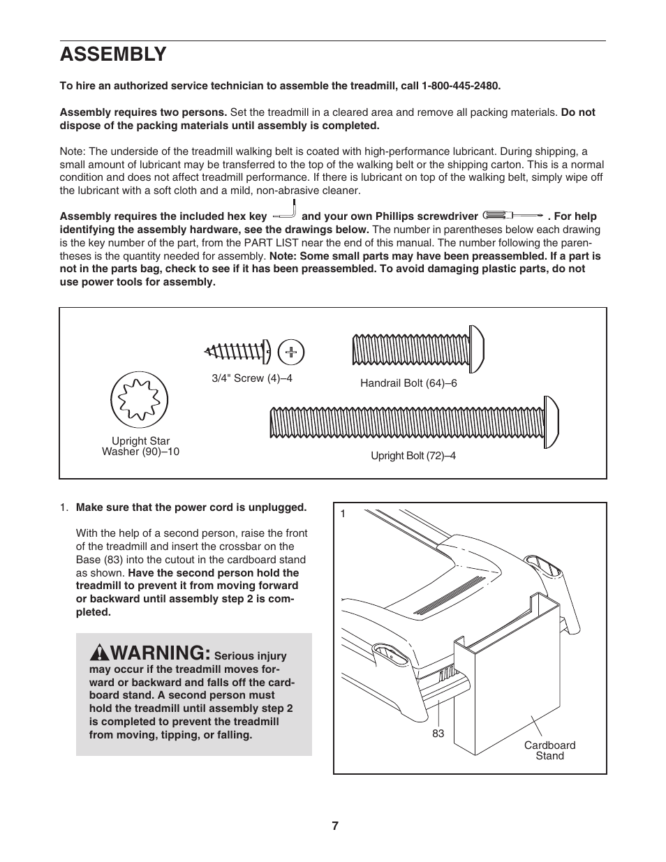 Assembly, Warning | ProForm PFTL99806.3 User Manual | Page 7 / 30