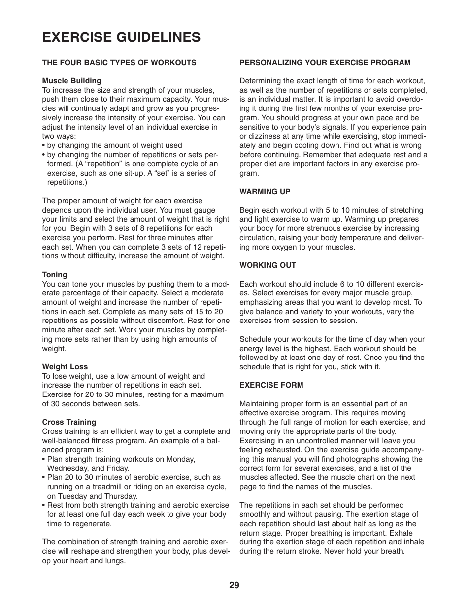 Exercise guidelines | ProForm PFANSY9825.1 User Manual | Page 29 / 39