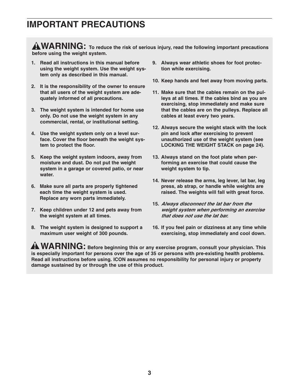 Warning, Important precautions | ProForm PFANSY9825.1 User Manual | Page 3 / 39