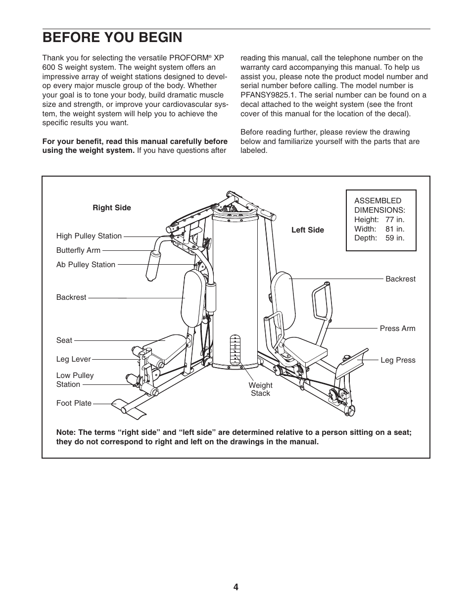 Before you begin | ProForm PFANSY9825.1 User Manual | Page 4 / 39