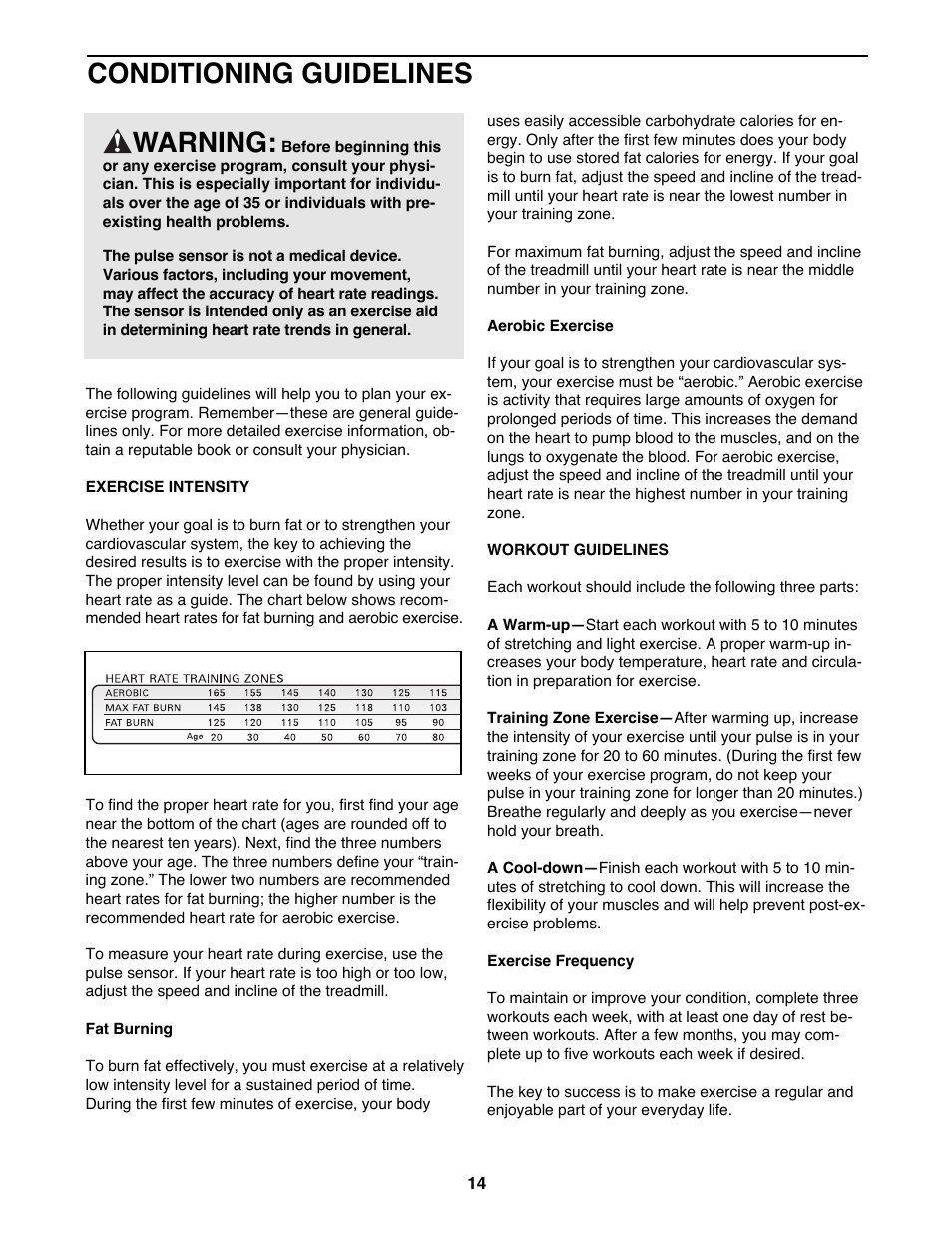 Conditioning guidelines, Warning | ProForm 831.297770 User Manual | Page 14 / 18
