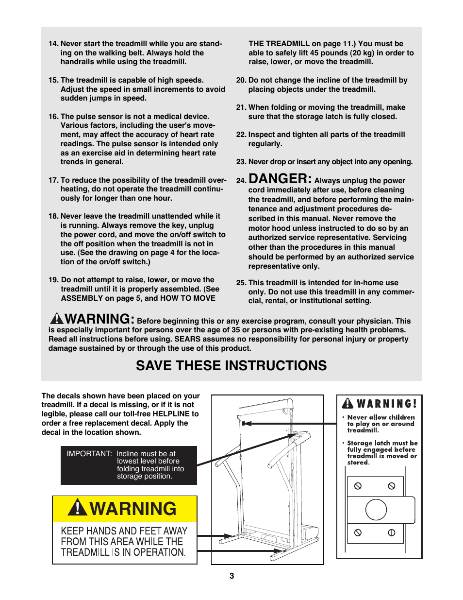 Danger, Warning, Save these instructions | ProForm 831.297770 User Manual | Page 3 / 18