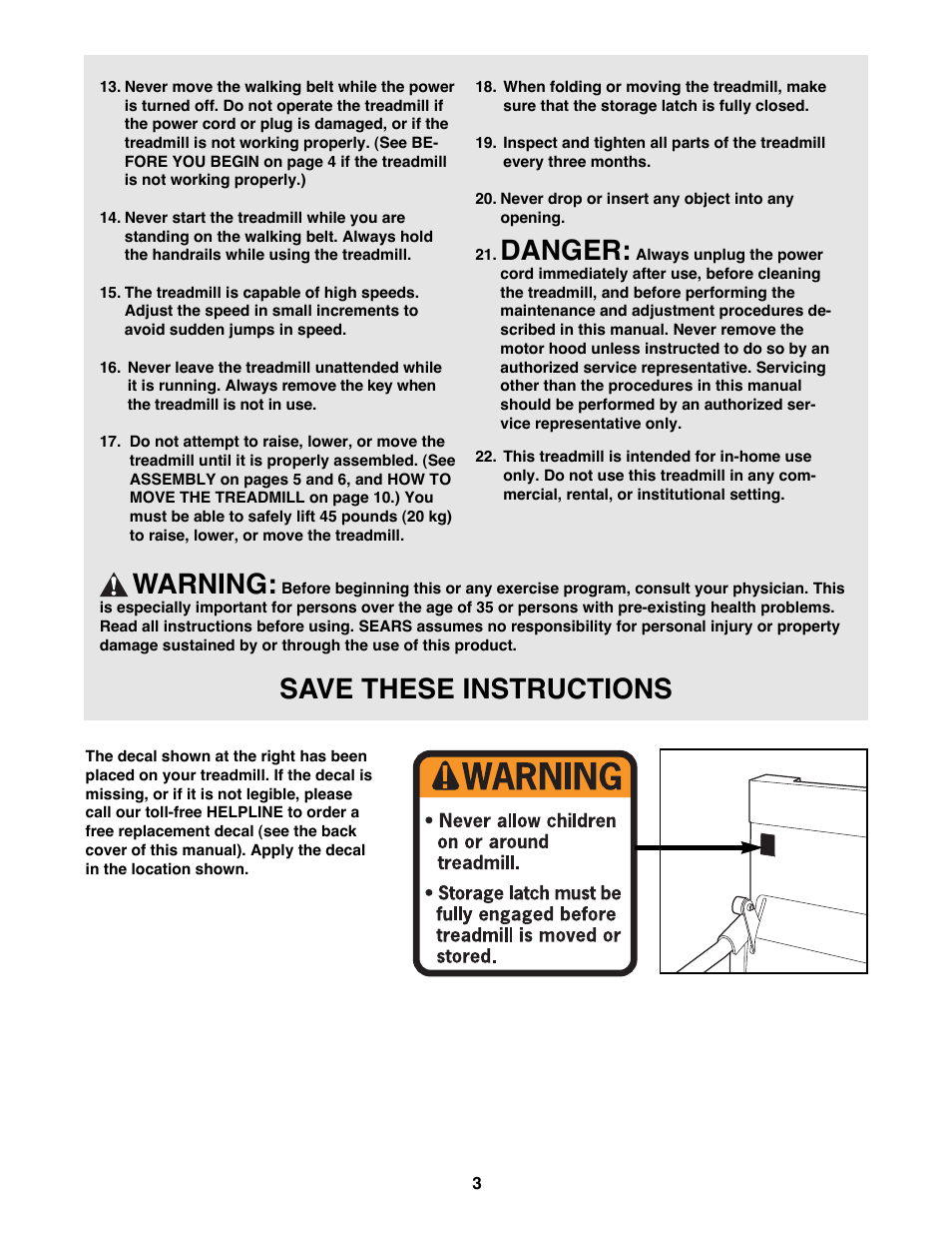 Danger, Warning, Save these instructions | ProForm 831.297211 User Manual | Page 3 / 18