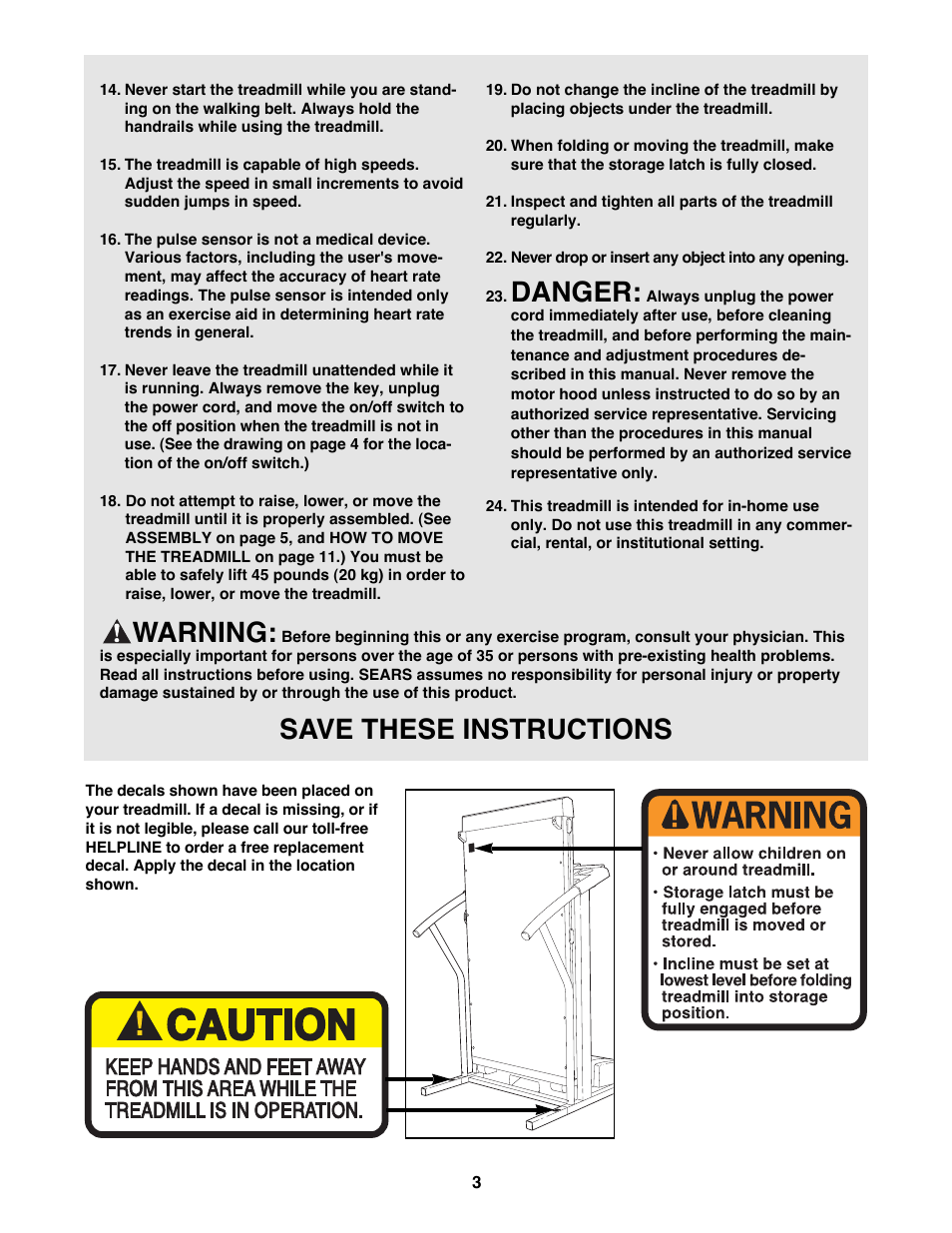 Danger, Warning, Save these instructions | ProForm 831.297772 User Manual | Page 3 / 18