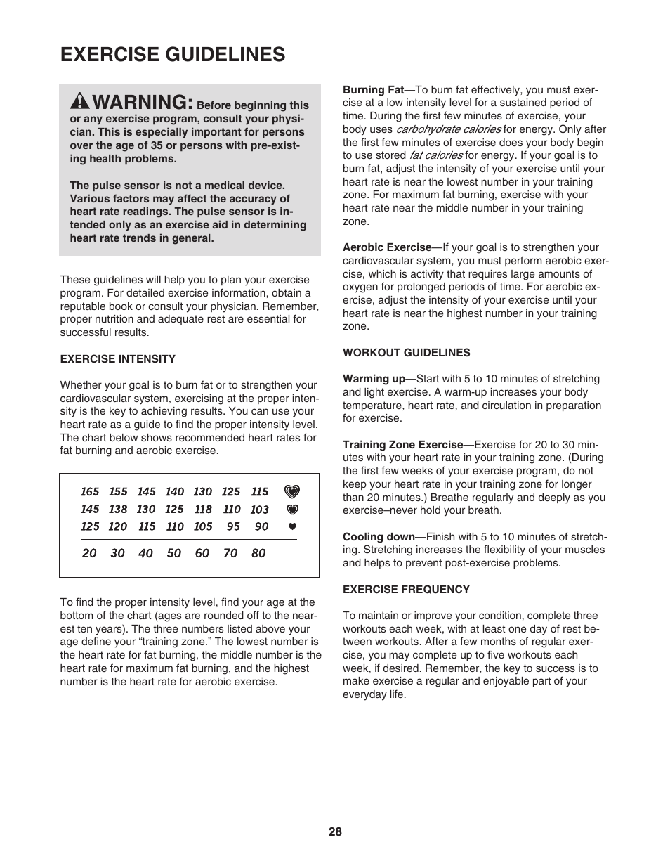 Exercise guidelines warning | ProForm PFTL79007.0 User Manual | Page 28 / 36