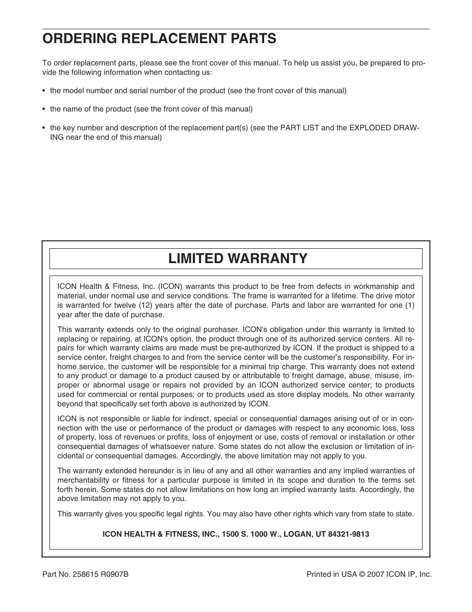 Limited warranty, Ordering replacement parts | ProForm PFTL79007.0 User Manual | Page 36 / 36