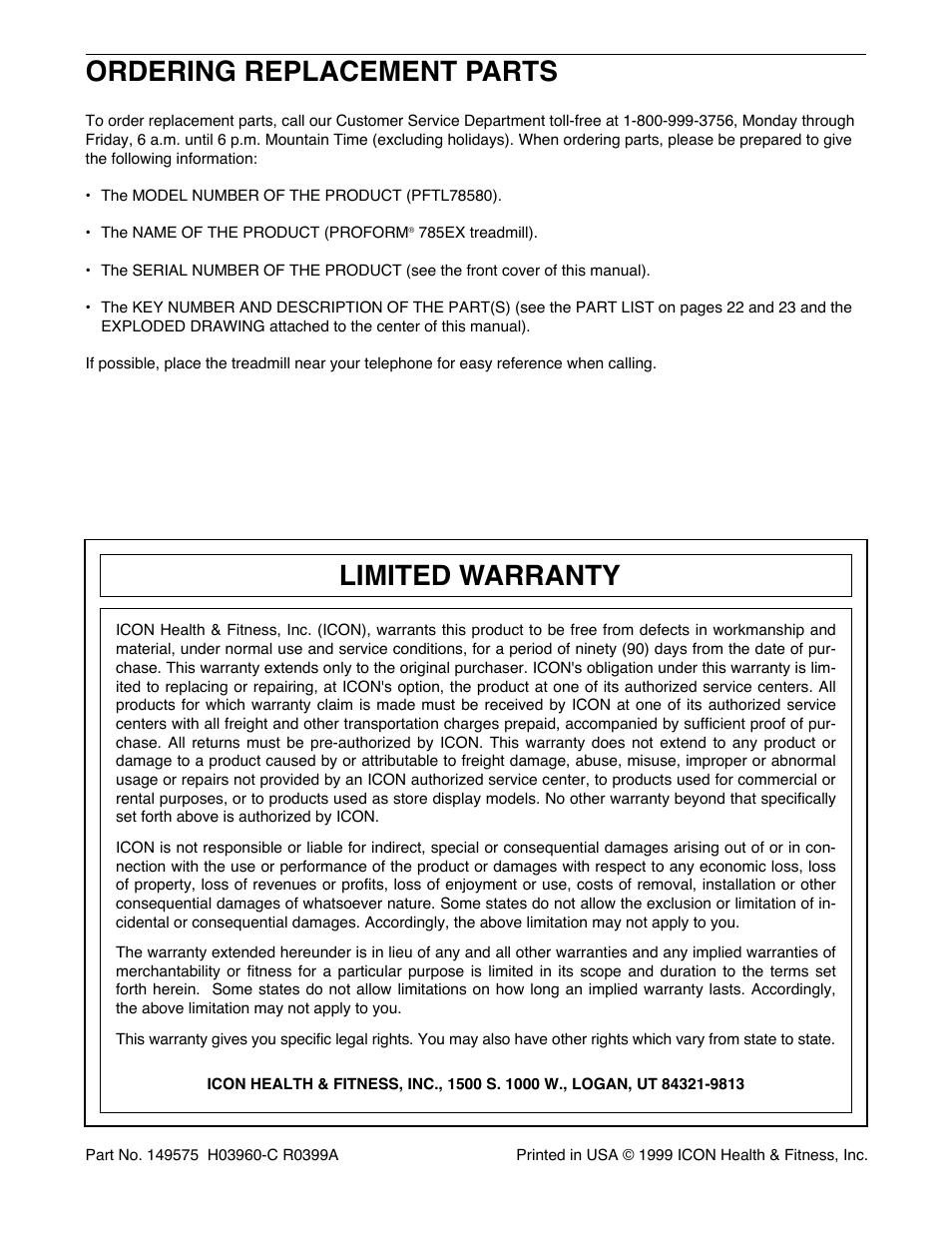 Ordering replacement parts, Limited warranty | ProForm 785EX PFTL78580 User Manual | Page 26 / 26