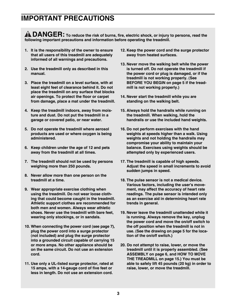 Danger, Important precautions | ProForm 785EX PFTL78580 User Manual | Page 3 / 26
