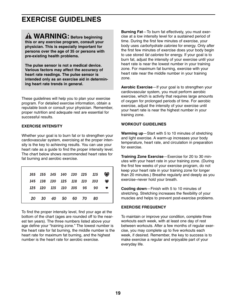 Exercise guidelines warning | ProForm PFEL03907.0 User Manual | Page 19 / 24