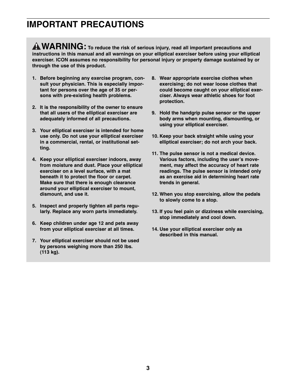 Warning, Important precautions | ProForm PFEL03907.0 User Manual | Page 3 / 24