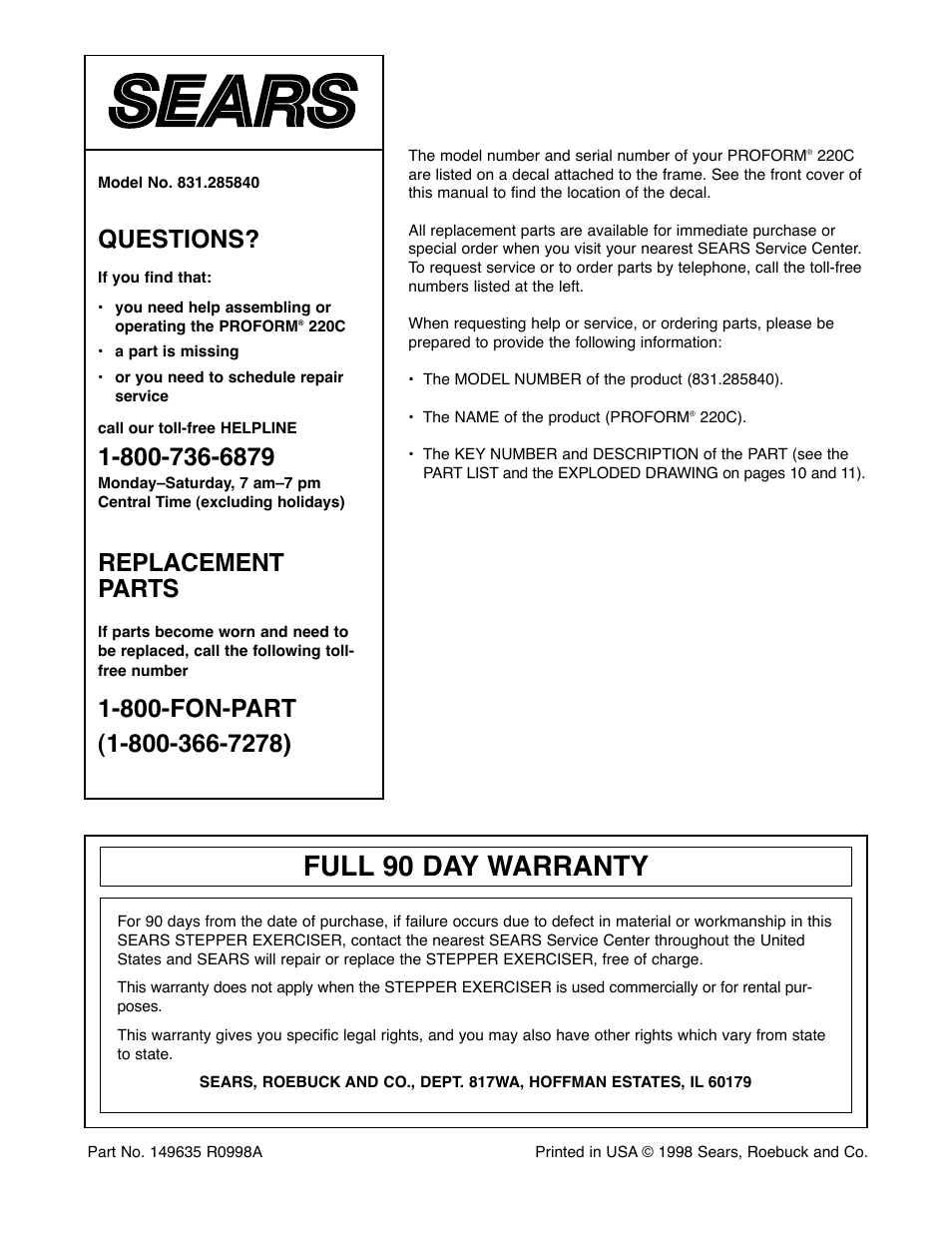 Full 90 day warranty, Questions, Replacement parts | ProForm 831.285840 User Manual | Page 12 / 12