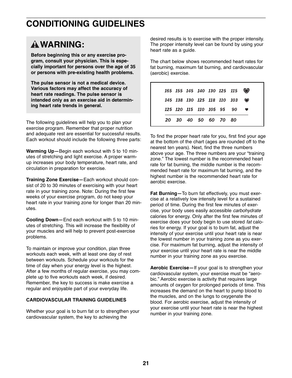 Conditioning guidelines, Warning | ProForm PFEL8947.0 User Manual | Page 21 / 28