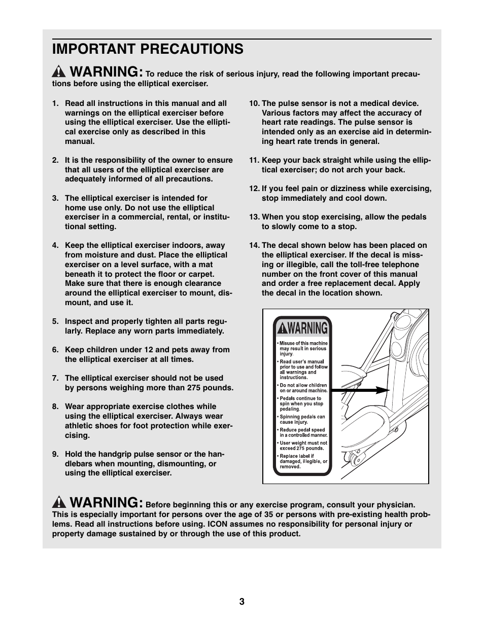 Important precautions warning, Warning | ProForm PFEL8947.0 User Manual | Page 3 / 28