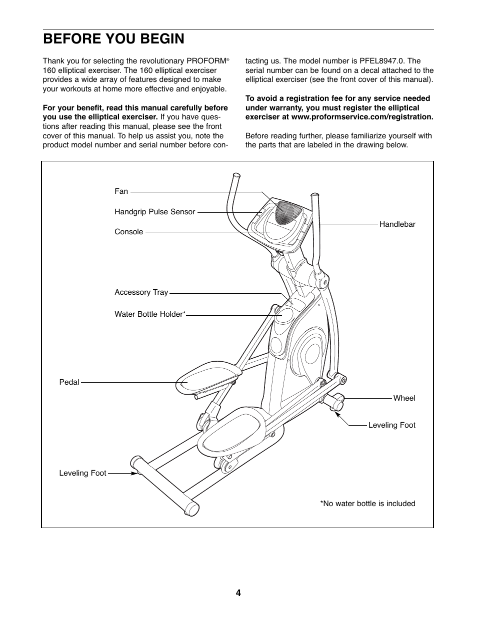 Before you begin | ProForm PFEL8947.0 User Manual | Page 4 / 28