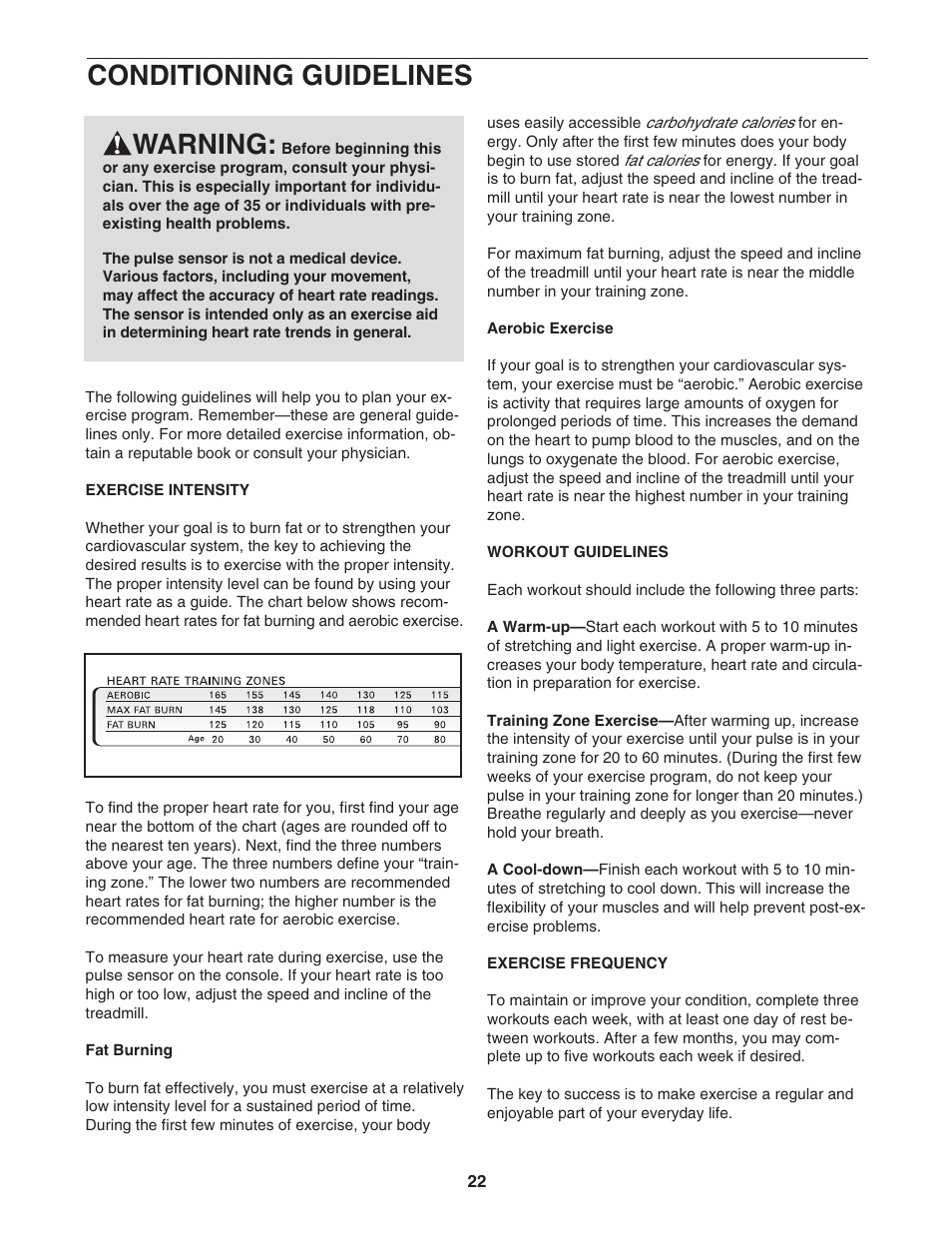 Conditioning guidelines, Warning | ProForm PFTL79102 User Manual | Page 22 / 26