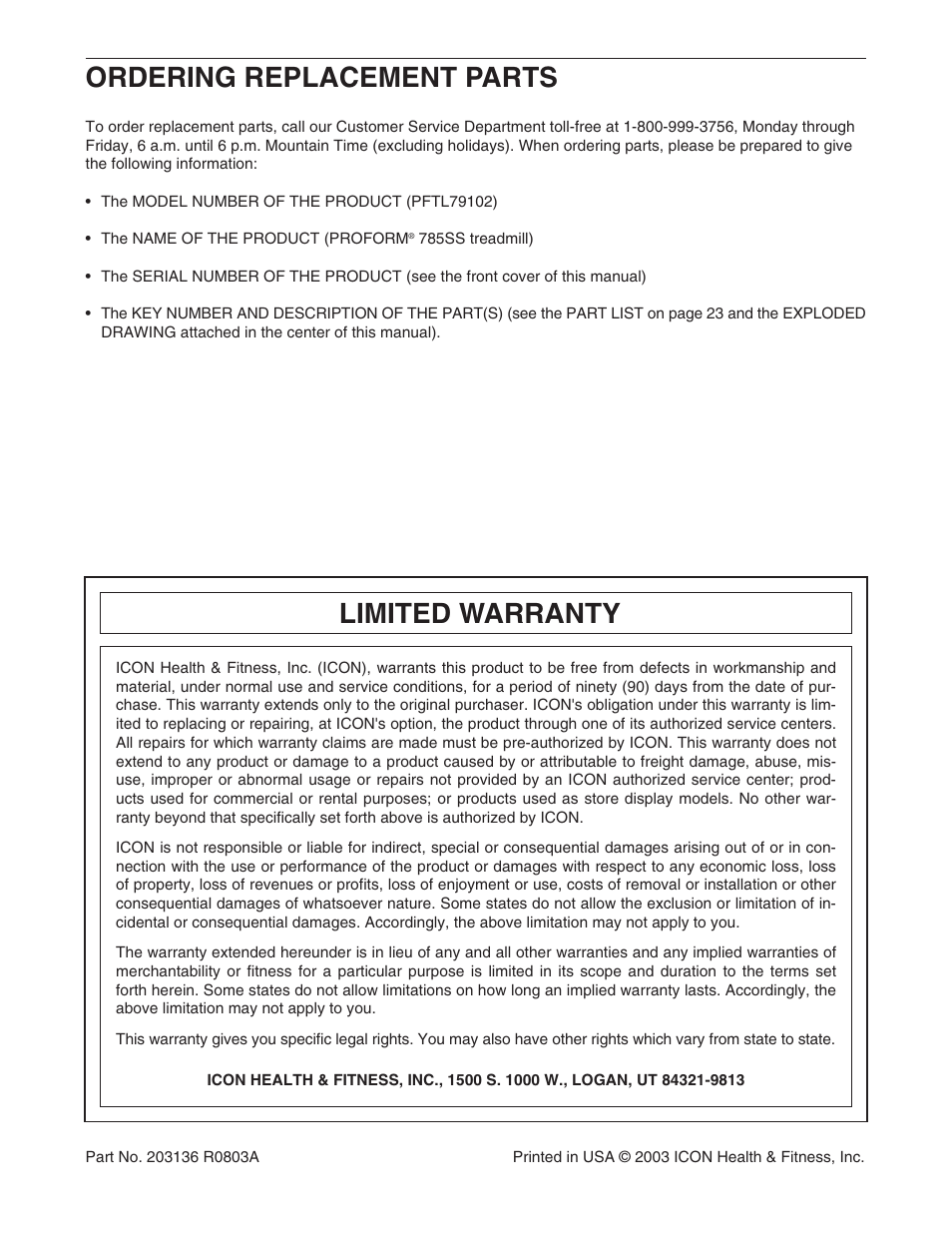 Ordering replacement parts, Limited warranty | ProForm PFTL79102 User Manual | Page 26 / 26