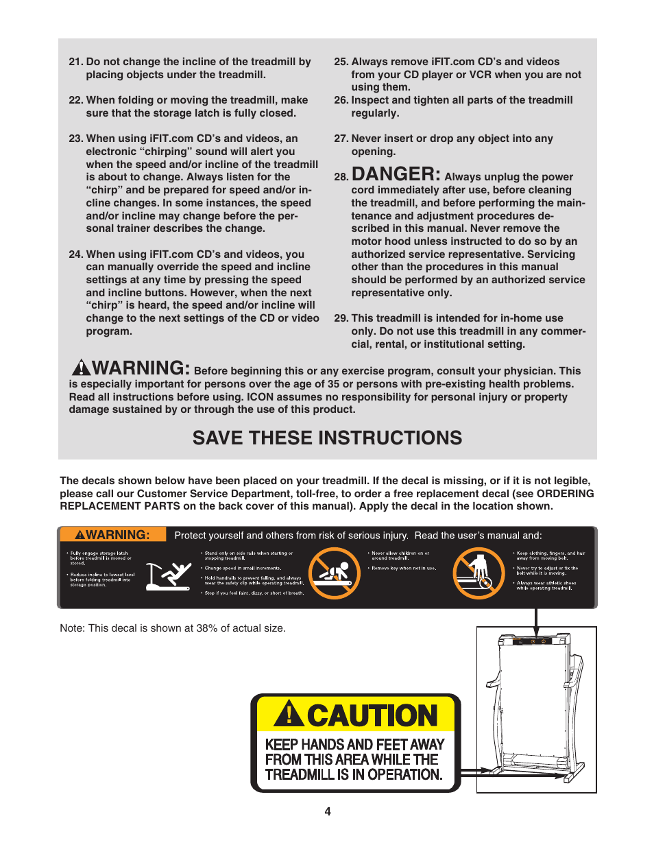 Danger, Warning, Save these instructions | ProForm PFTL79102 User Manual | Page 4 / 26