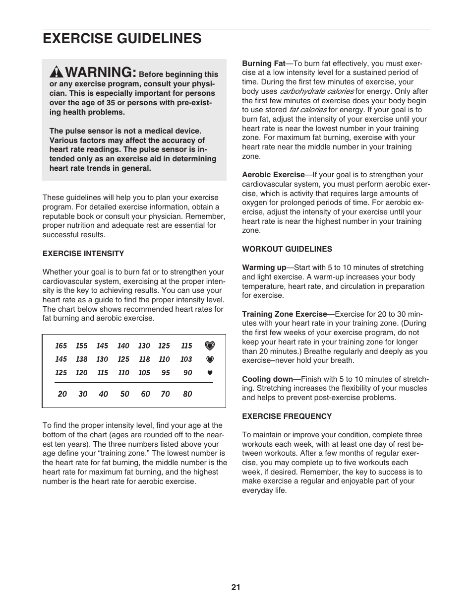 Exercise guidelines warning | ProForm Crosswalk 831.24723.2 User Manual | Page 21 / 28