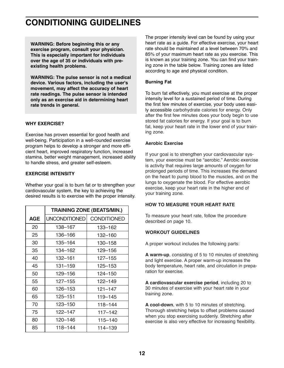 Conditioning guidelines | ProForm 831.285871 User Manual | Page 12 / 16