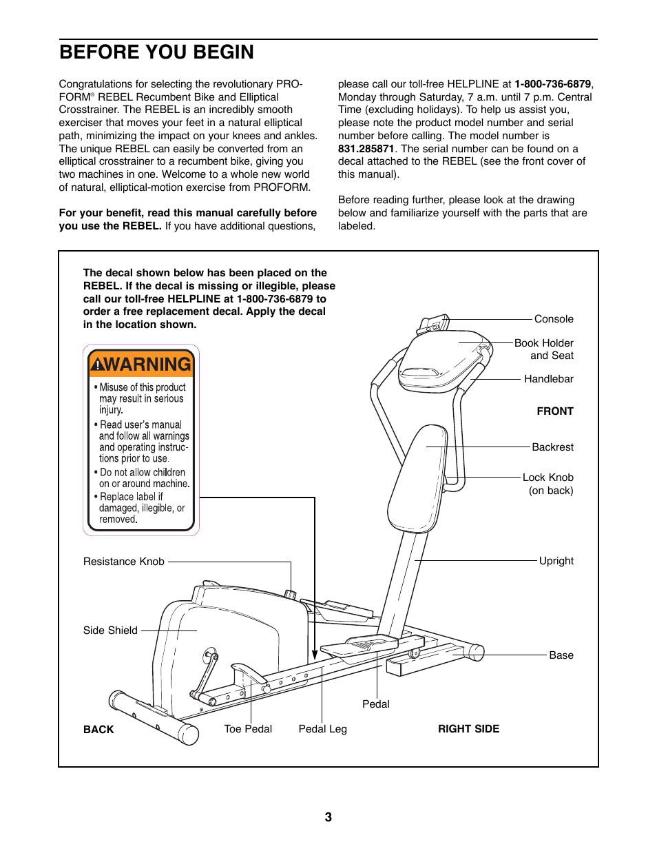 Before you begin | ProForm 831.285871 User Manual | Page 3 / 16