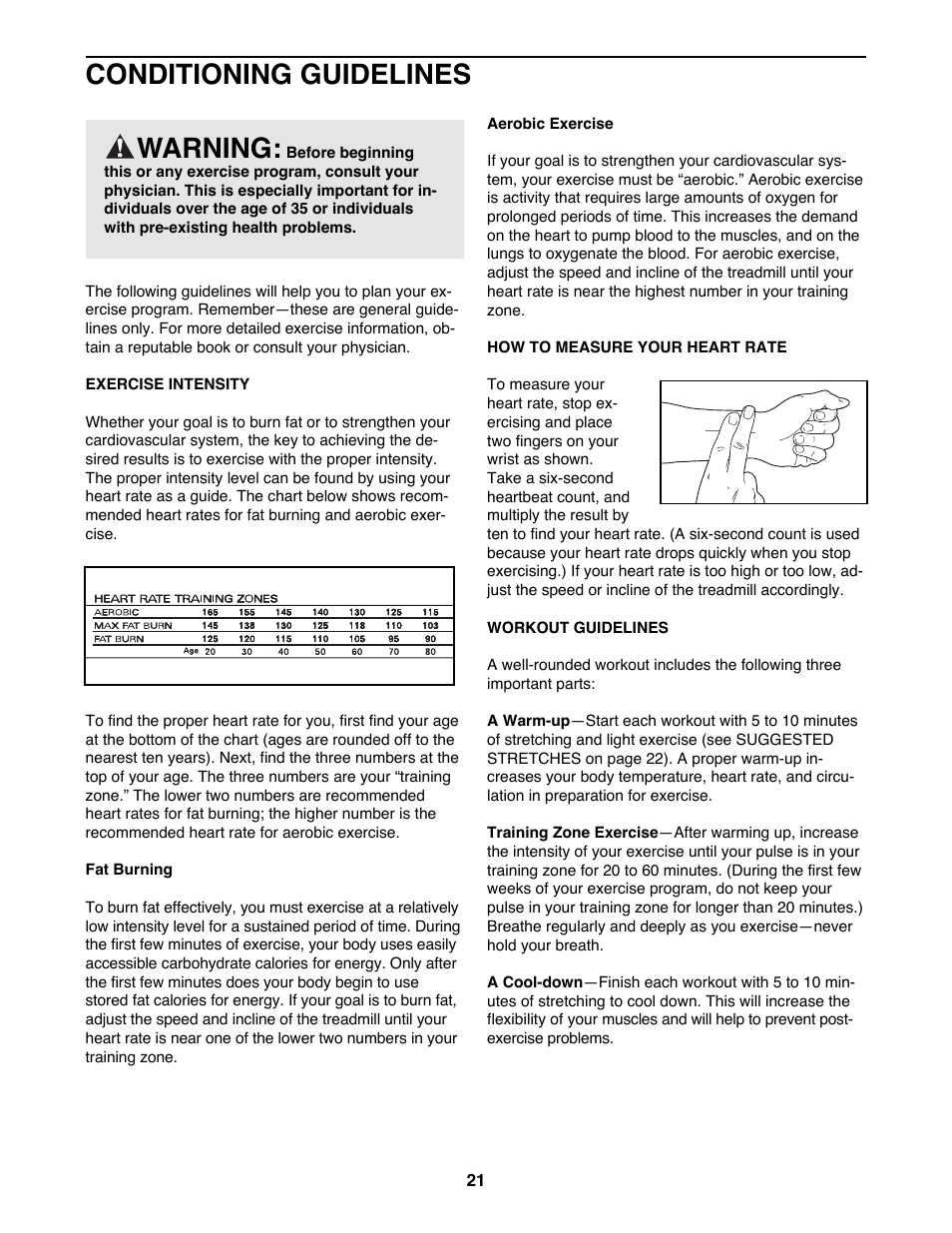 Conditioning guidelines, Warning | ProForm 635CW 831.299451 User Manual | Page 21 / 26