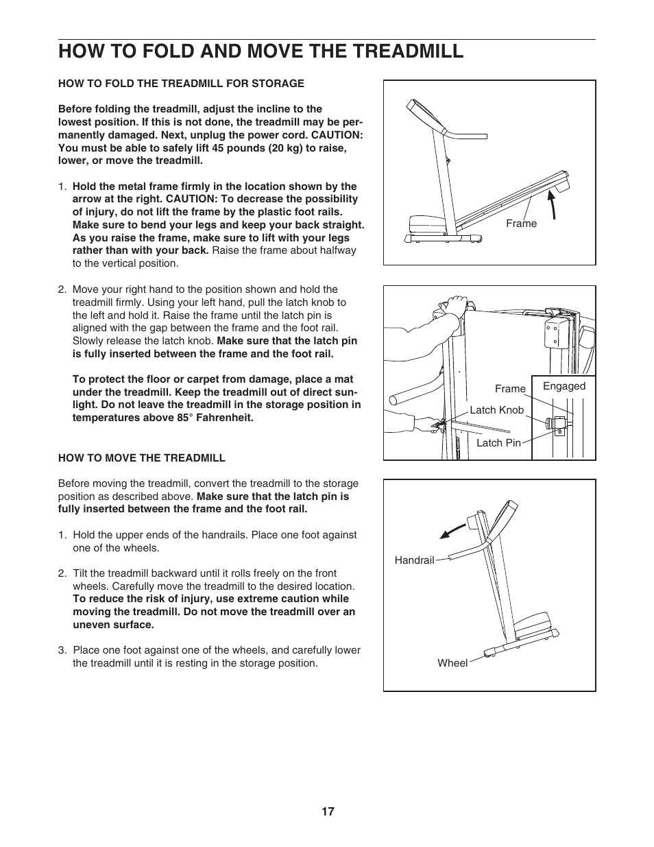How to fold and move the treadmill | ProForm CrossTrainer PFTL59806.0 User Manual | Page 17 / 28