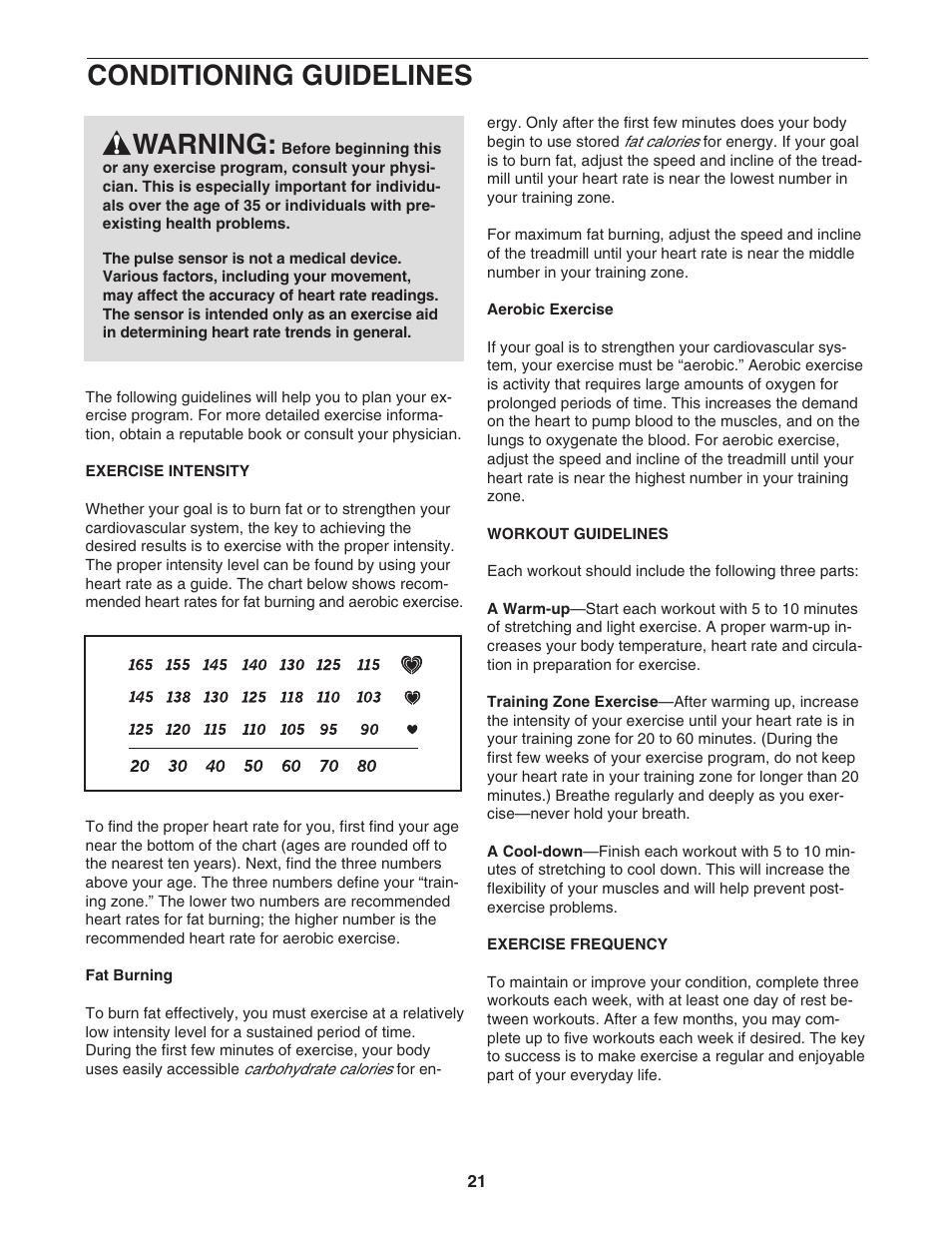 Conditioning guidelines, Warning | ProForm CrossTrainer PFTL59806.0 User Manual | Page 21 / 28