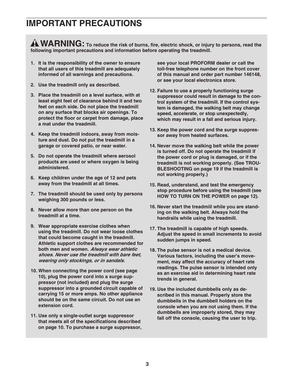 Warning, Important precautions | ProForm CrossTrainer PFTL59806.0 User Manual | Page 3 / 28
