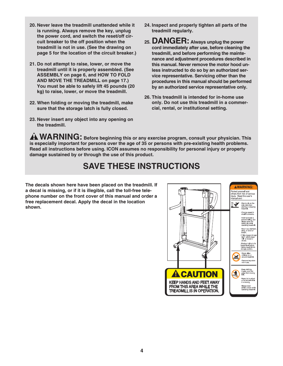 Danger, Warning, Save these instructions | ProForm CrossTrainer PFTL59806.0 User Manual | Page 4 / 28