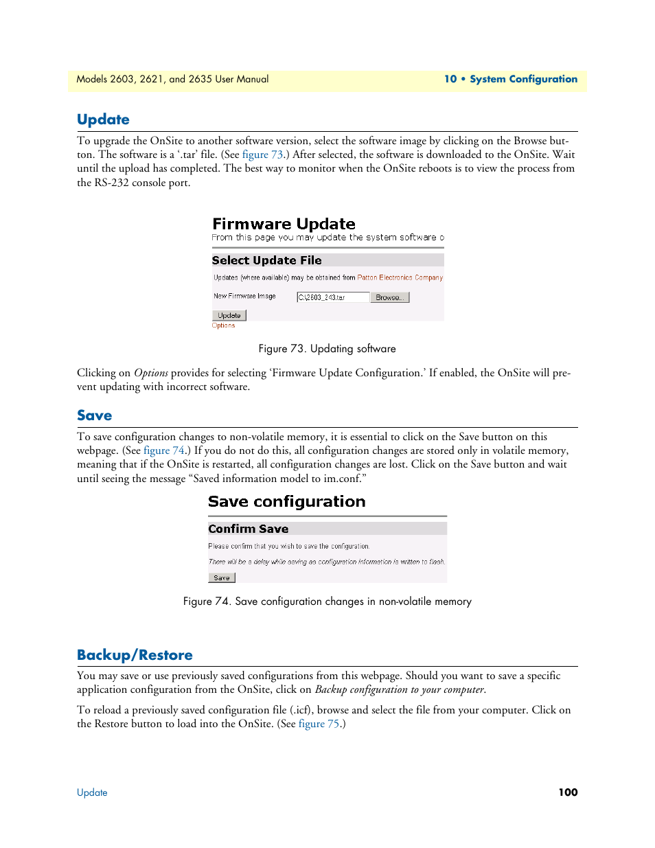 Update, Save, Backup/restore | Update save backup/restore, Updating software, Save configuration changes in non-volatile memory | Patton electronic ONSITE SERIES 2635 User Manual | Page 100 / 133