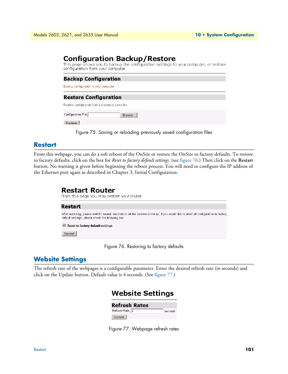 Restart, Website settings, Restoring to factory defaults | Figure 75 | Patton electronic ONSITE SERIES 2635 User Manual | Page 101 / 133