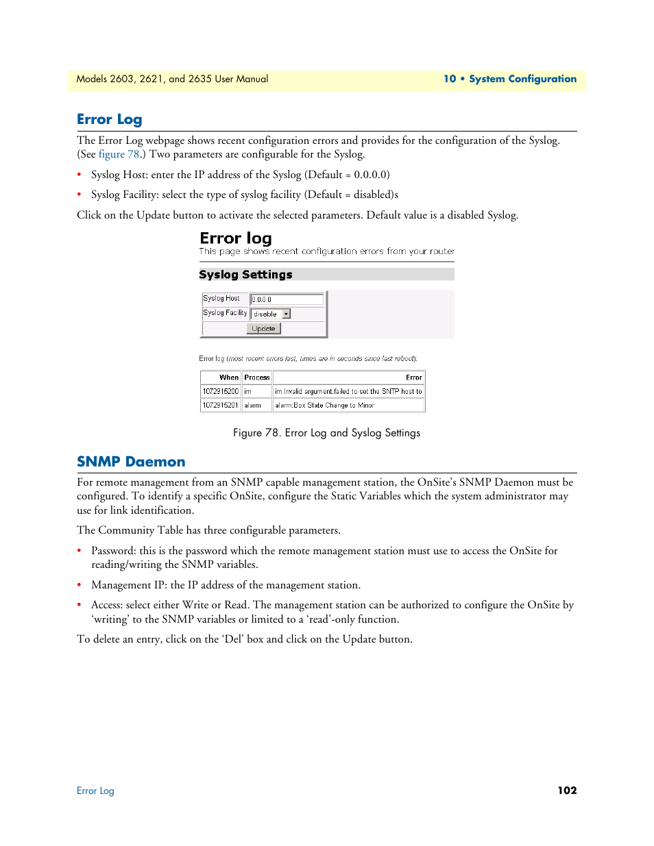 Error log, Snmp daemon, Error log snmp daemon | Error log and syslog settings | Patton electronic ONSITE SERIES 2635 User Manual | Page 102 / 133