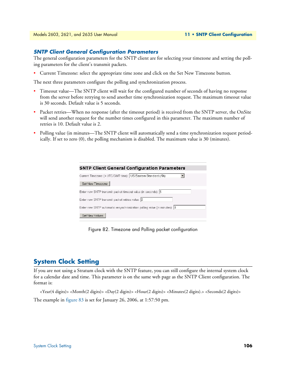 Sntp client general configuration parameters, System clock setting, Timezone and polling packet configuration | Patton electronic ONSITE SERIES 2635 User Manual | Page 106 / 133