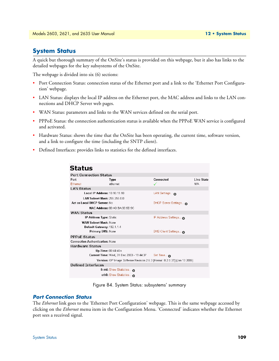 System status, Port connection status, System status: subsystems’ summary | Patton electronic ONSITE SERIES 2635 User Manual | Page 109 / 133