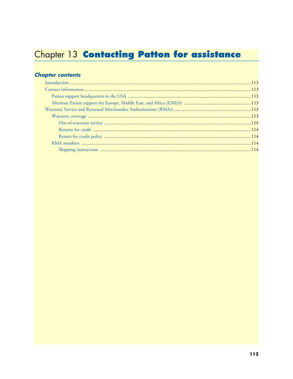 Chapter 13 contacting patton for assistance, Contacting patton for assistance, 13 contacting patton for assistance | Chapter 13, R 13 | Patton electronic ONSITE SERIES 2635 User Manual | Page 112 / 133