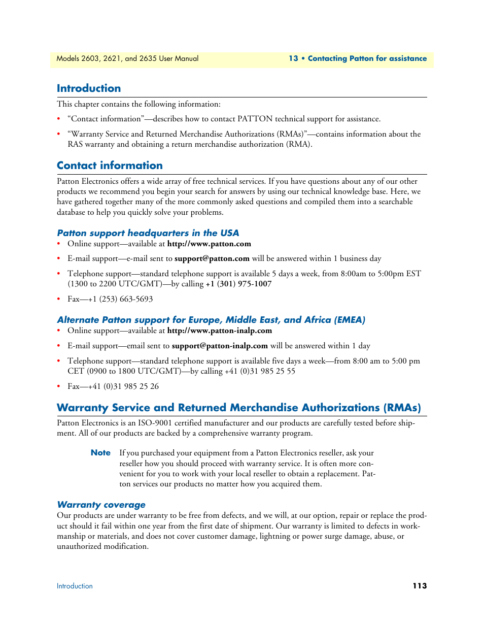 Introduction, Contact information, Patton support headquarters in the usa | Warranty coverage, Introduction contact information | Patton electronic ONSITE SERIES 2635 User Manual | Page 113 / 133