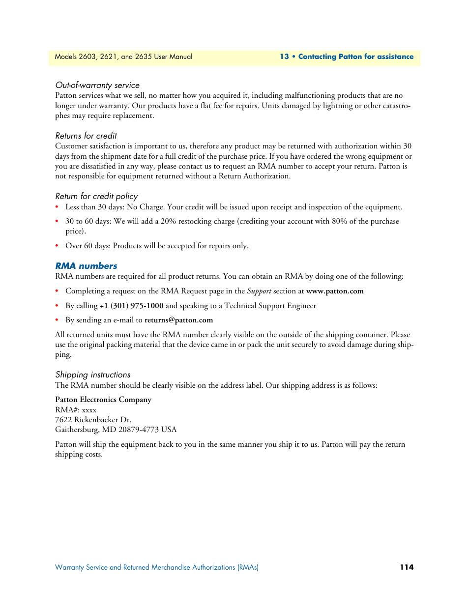 Out-of-warranty service, Returns for credit, Return for credit policy | Rma numbers, Shipping instructions | Patton electronic ONSITE SERIES 2635 User Manual | Page 114 / 133