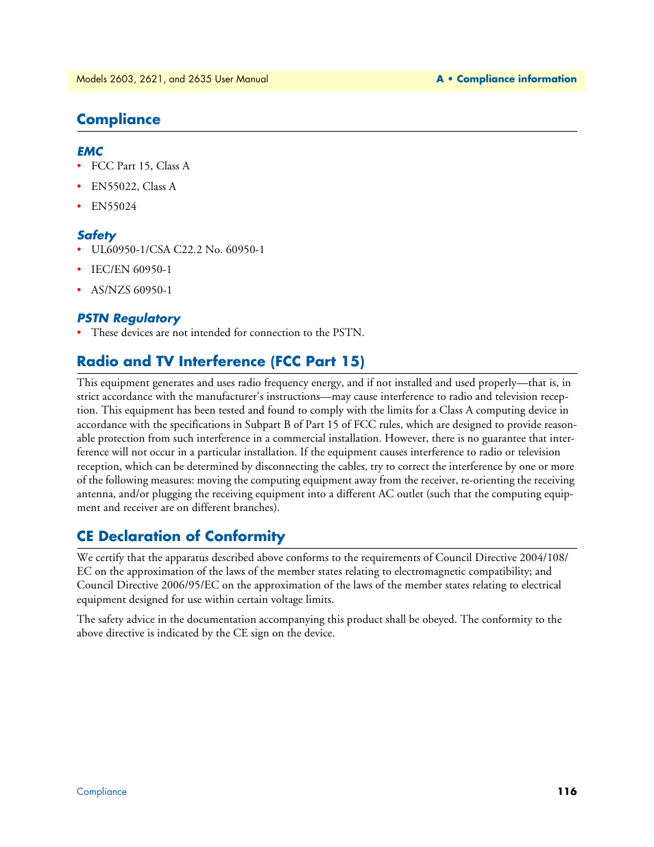 Compliance, Safety, Pstn regulatory | Radio and tv interference (fcc part 15), Ce declaration of conformity, Emc safety pstn regulatory | Patton electronic ONSITE SERIES 2635 User Manual | Page 116 / 133