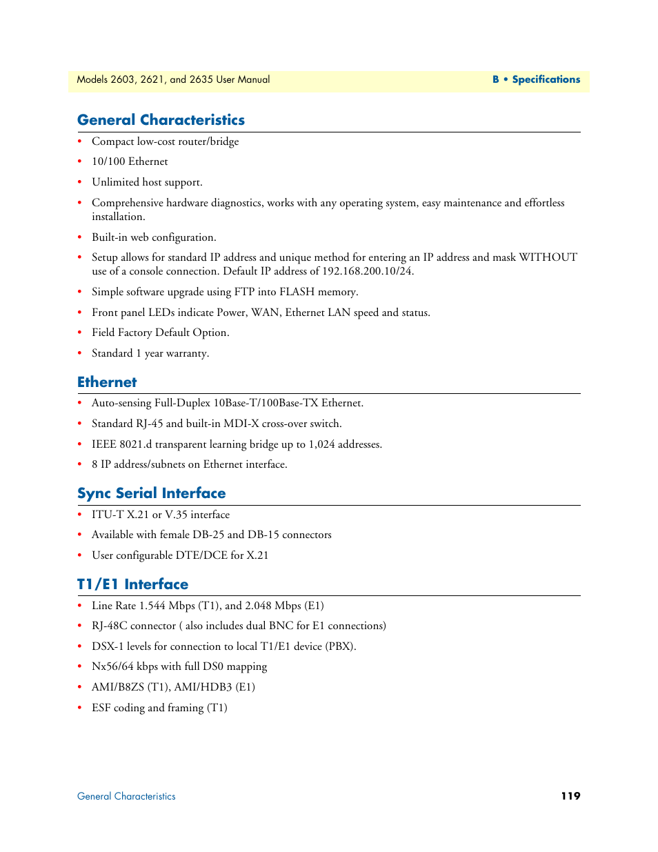 General characteristics, Ethernet, Sync serial interface | T1/e1 interface | Patton electronic ONSITE SERIES 2635 User Manual | Page 119 / 133