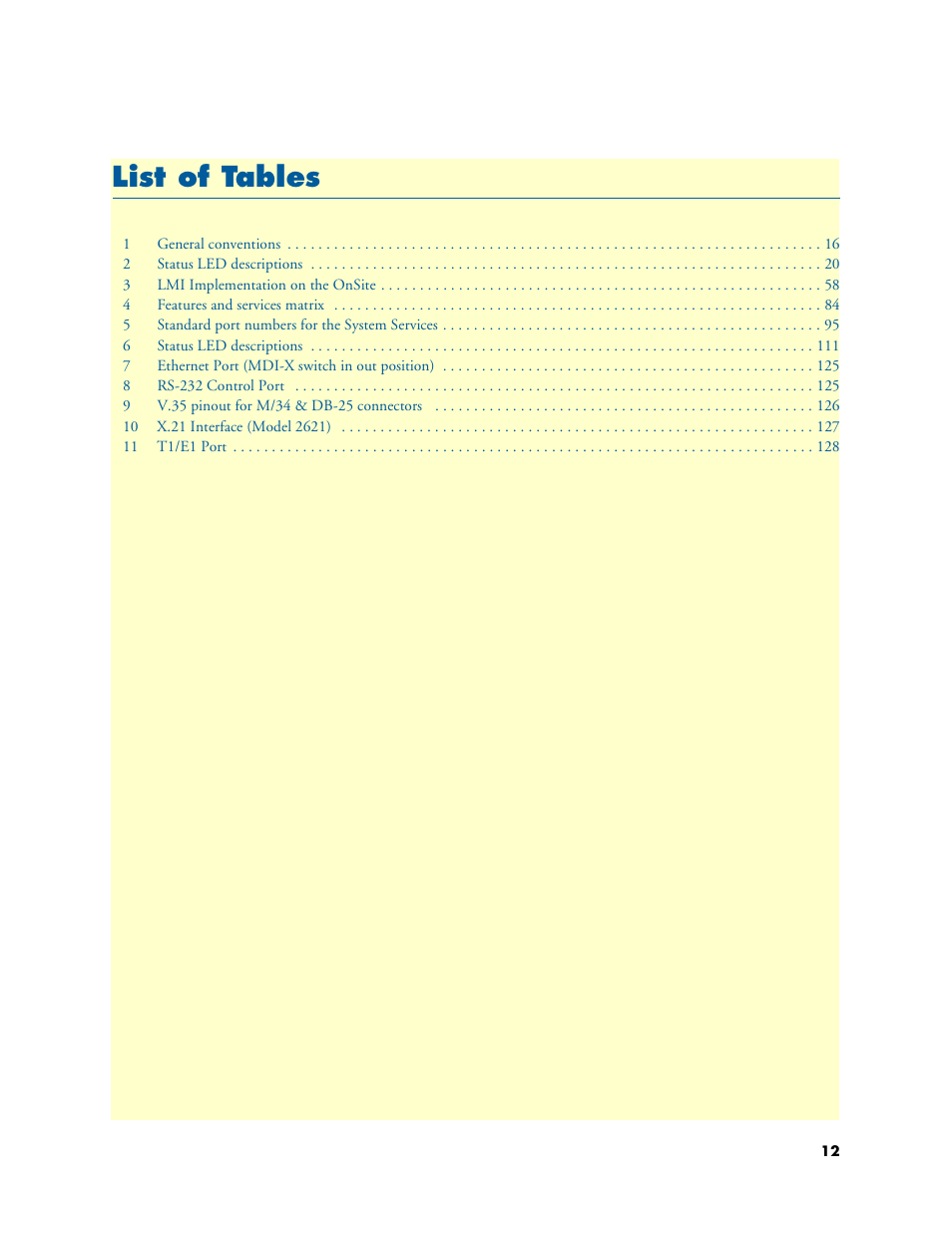 List of tables, Li st of tables | Patton electronic ONSITE SERIES 2635 User Manual | Page 12 / 133