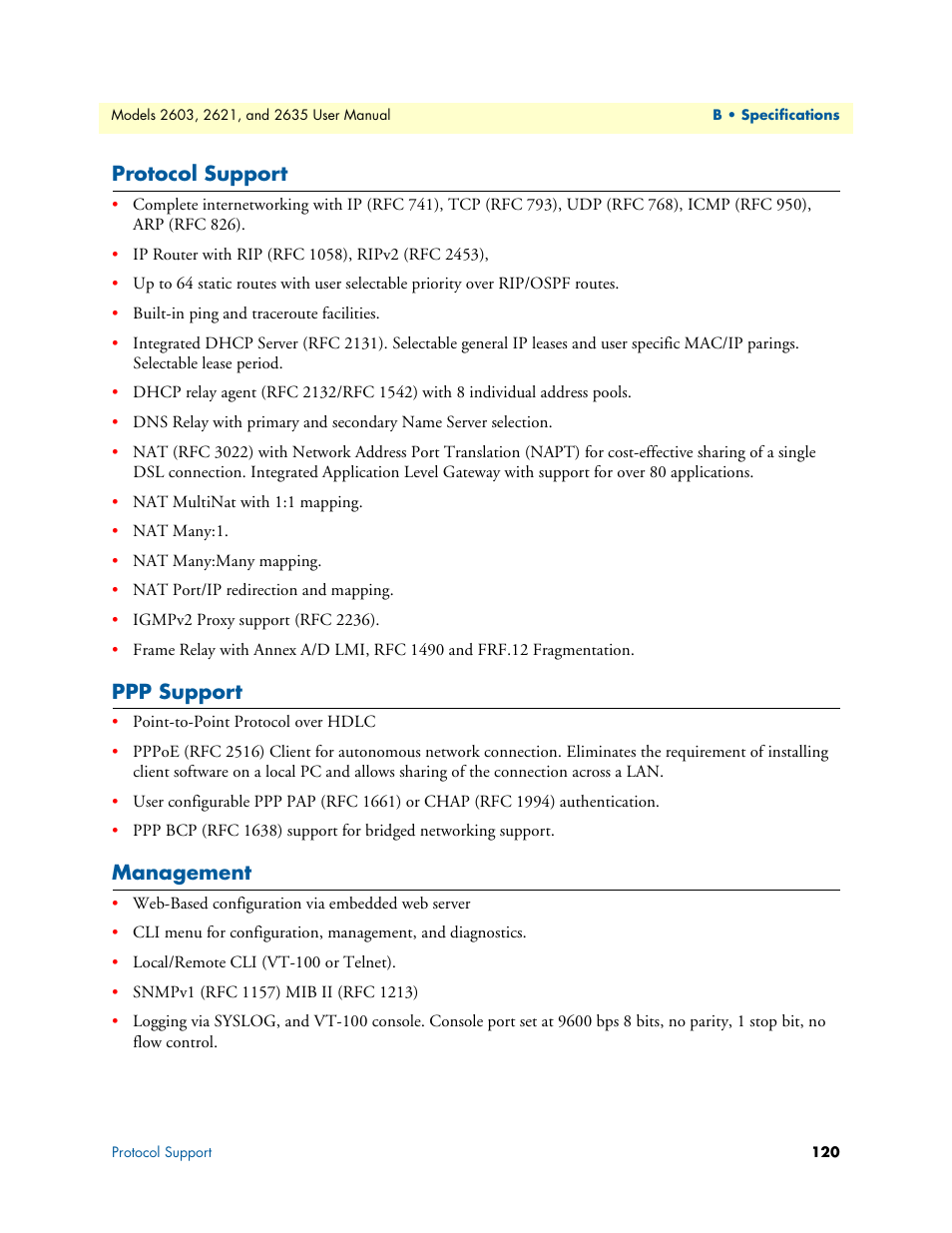 Protocol support, Ppp support, Management | Protocol support ppp support management | Patton electronic ONSITE SERIES 2635 User Manual | Page 120 / 133