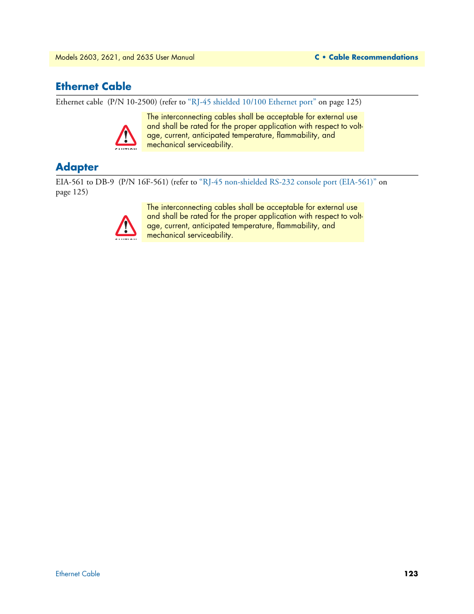 Ethernet cable, Adapter, Ethernet cable adapter | Patton electronic ONSITE SERIES 2635 User Manual | Page 123 / 133