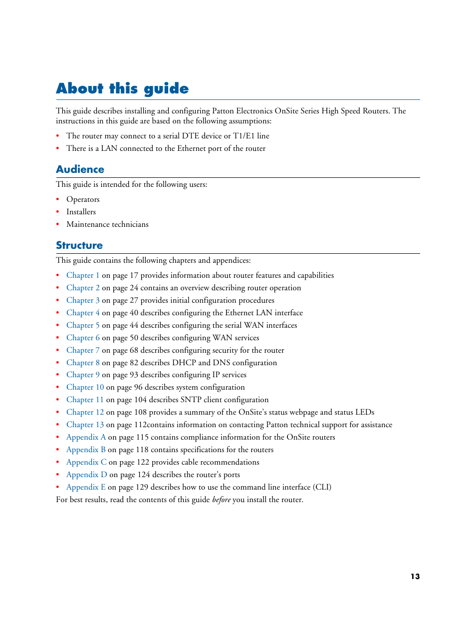 About this guide, Audience, Structure | Audience structure | Patton electronic ONSITE SERIES 2635 User Manual | Page 13 / 133