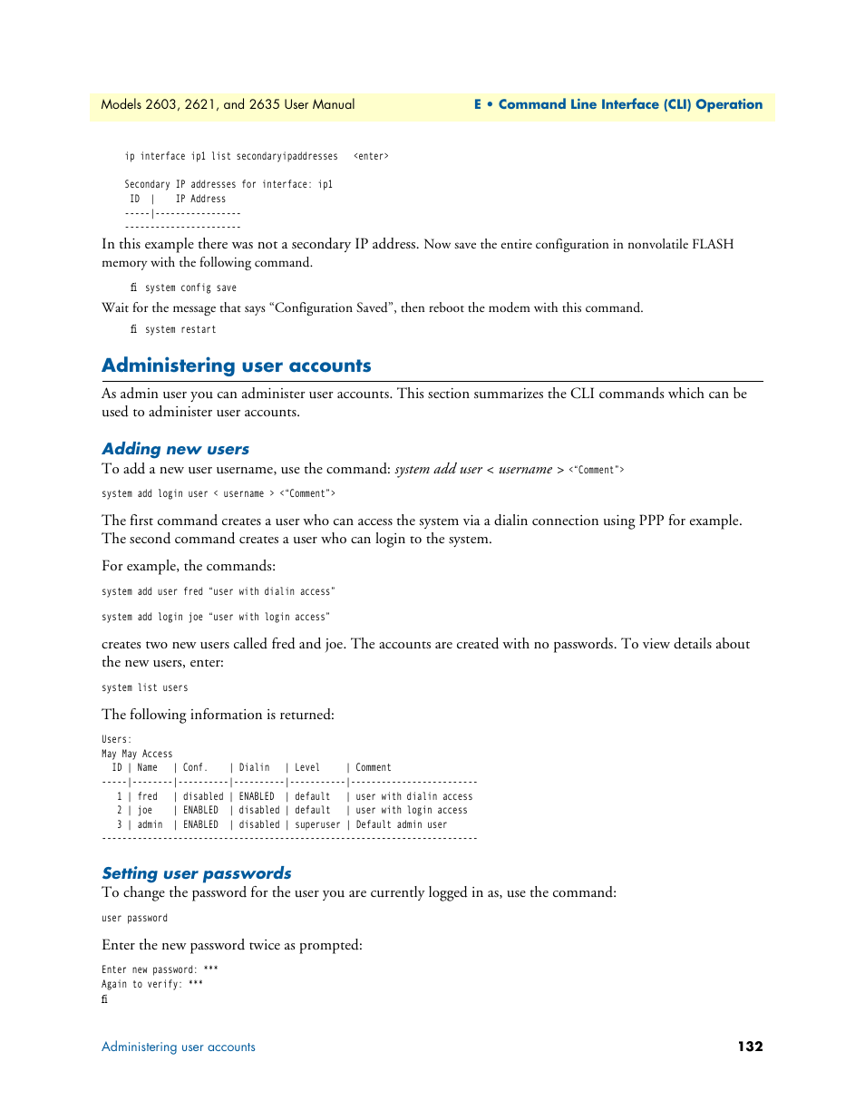 Administering user accounts, Adding new users, Setting user passwords | Adding new users setting user passwords | Patton electronic ONSITE SERIES 2635 User Manual | Page 132 / 133