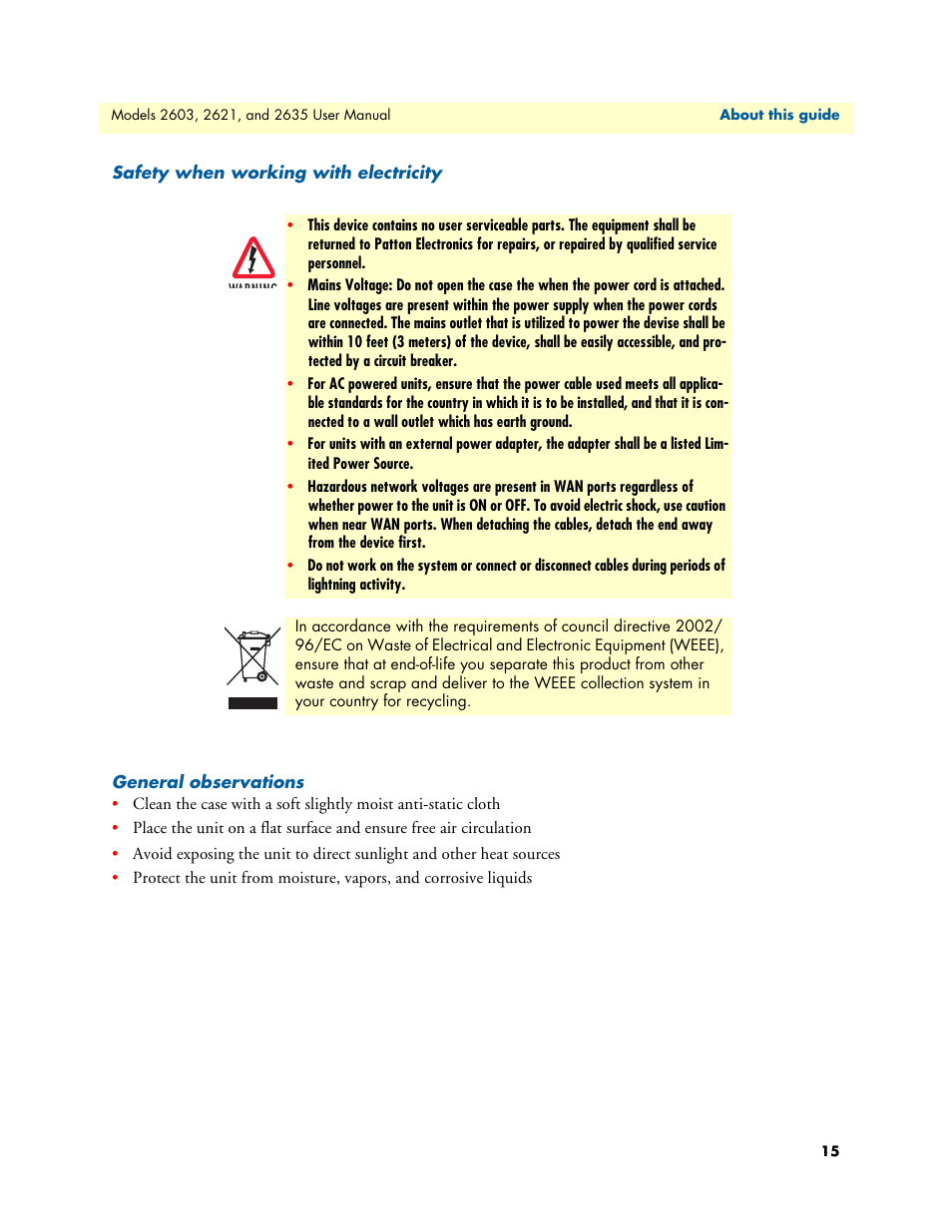 Safety when working with electricity, General observations | Patton electronic ONSITE SERIES 2635 User Manual | Page 15 / 133