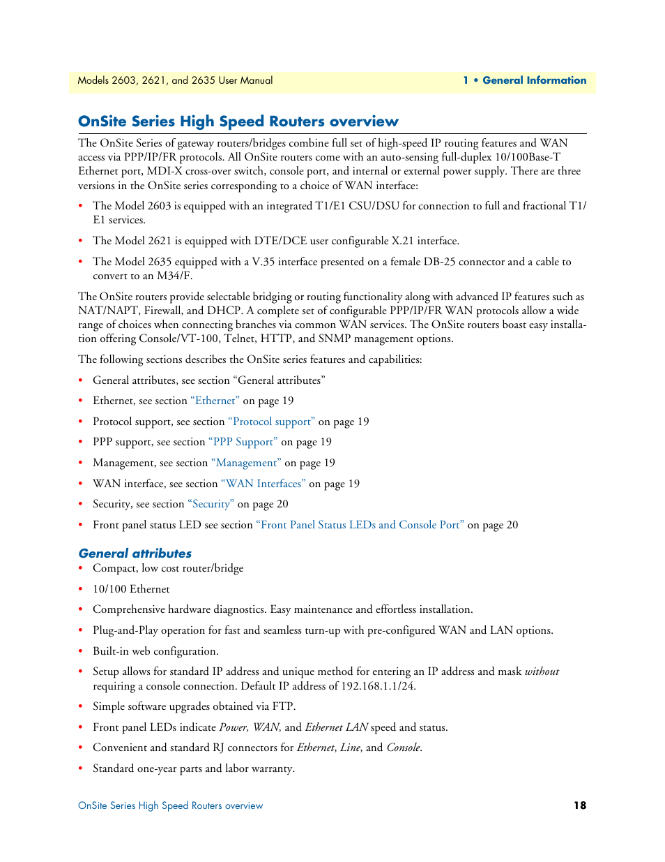 Onsite series high speed routers overview, General attributes, Iplink series high speed routers overview | Patton electronic ONSITE SERIES 2635 User Manual | Page 18 / 133